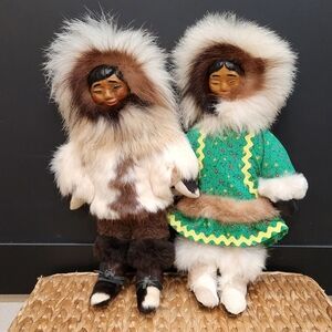 AUTHENTIC VINTAGE ALASKAN INUIT MAN & WOMAN HANDCRAFTED  DOLLS W/REAL FUR  12"